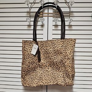 NWT Neiman Marcus Faux Suede Leopard Print Tote Bag Faux Leather Straps